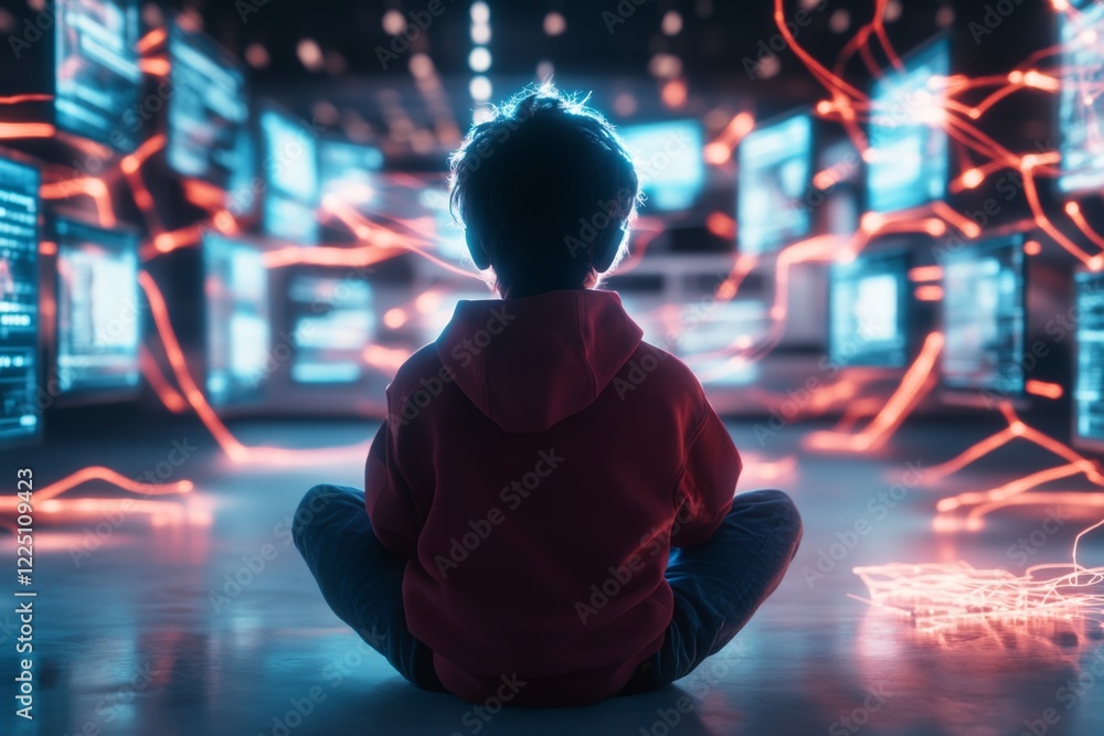 Aufkleber a futuristic depiction of a person sitting in a neon-lit room surrounded by holographic screens show