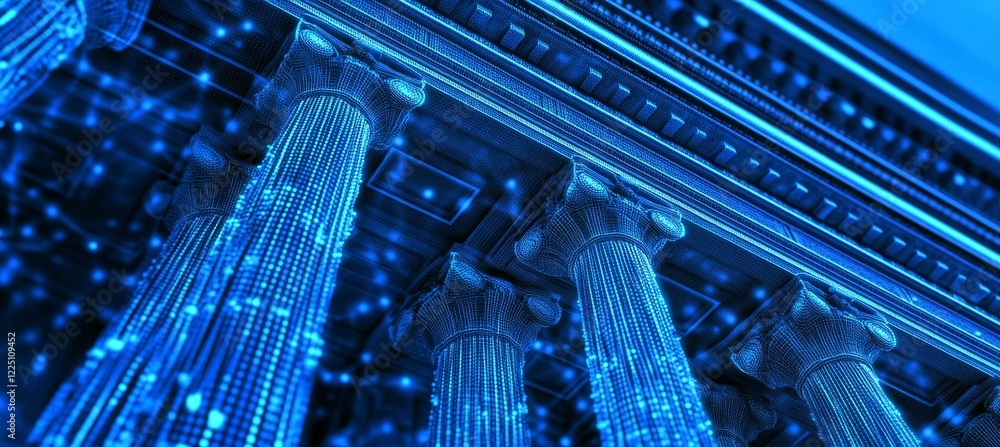 Poster abstract futuristic architecture with glowing blue dotted outline, digital network connection style