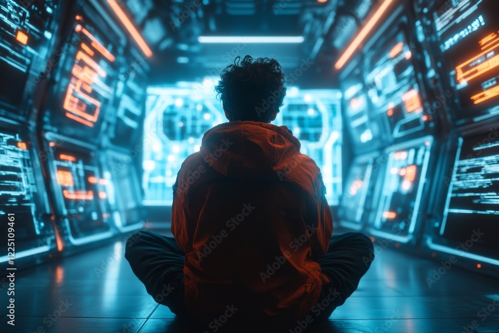 Poster a futuristic depiction of a person sitting in a neon-lit room surrounded by holographic screens show