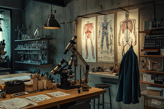 Anatomy lab featuring detailed human body charts, microscopes, and study materials in a modern workspace
