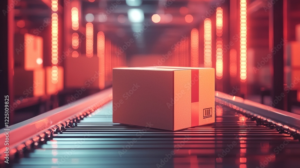 Aufkleber a cardboard box moves smoothly on a conveyor belt, illuminated by glowing red lights in a modern aut