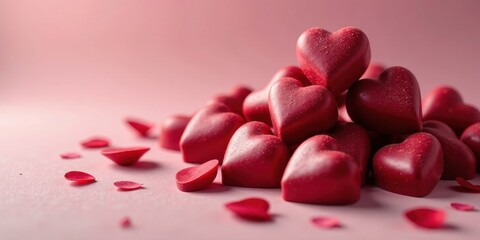 A romantic pile of crimson heart-shaped confections nestled amongst delicate rose petals on a soft pink surface.