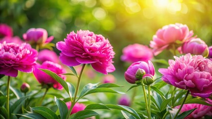 Obraz premium Peonies in full bloom with fuchsia petals against a summer green garden backdrop, illuminated by soft natural light filtering through the foliage , natural light, garden photography