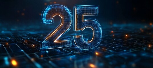 3D Number 25 with Futuristic Glowing Blue Lines Effect on a Dark Background. Technology Concept