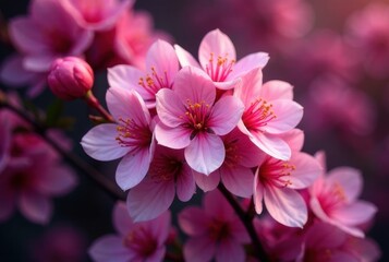 Fototapeta premium Delicate Pink Blossoms in Soft Sunlight A Close-Up View of a Cluster of Flowers on a Branch, Displaying Intricate Details and a Gentle Glow