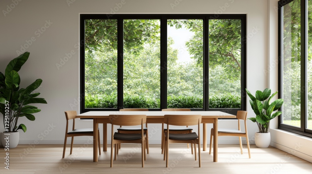 Poster modern workspace promoting a healthy work environment with large windows and greenery