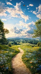 Winding dirt path through a colorful meadow of flowers and butterflies scenic landscape nature photography vibrant spring day