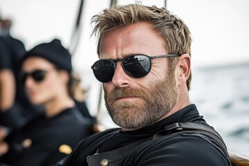 Fototapeta premium Yachting, an adult Man with a beard and sunglasses is sitting on the deck. He's wearing a black jacket and sunglasses. the captain of a ship or a sailor participates in a sea voyage