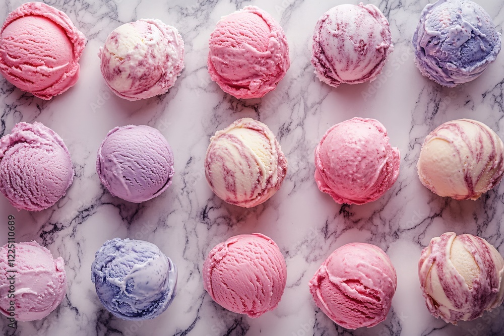 Poster array of colorful ice cream scoops on a marble surface creating a sweet and delicious pattern