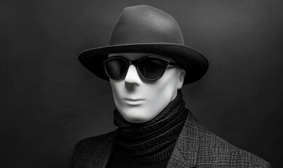 Mysterious Invisible Man with Hat and Sunglasses in Dramatic Lighting, Noir Fictional Character Concept for Suspense and Mystery Themes, Black and White Photography, Generative AI