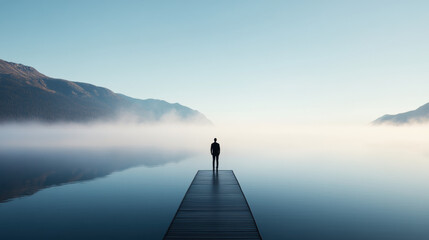 Witness Accounts and Time Passing Without Leads, A lone witness stands at the edge of a dock, gazing out over the water in this high-fidelity image capturing a moment of contemplation.