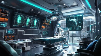 Fototapeta premium A futuristic operating room featuring robotic surgical arms performing a precise procedure, surrounded by advanced medical monitors, high-tech equipment, and soft lighting, ideal for healthcare innova