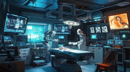 A futuristic operating room featuring robotic surgical arms performing a precise procedure, surrounded by advanced medical monitors, high-tech equipment, and soft lighting, ideal for healthcare innova