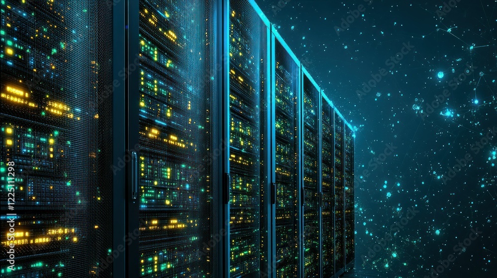 Poster illuminated data center: servers and network connections