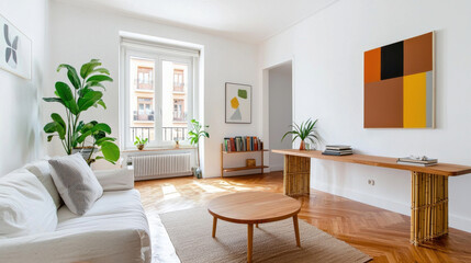 Bright and modern living room with plants and minimalist decor.