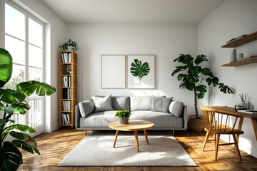 Bright and modern living room with plants and cozy furniture highlights comfort.