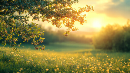 Obraz premium Vibrant orange tree in a blooming meadow under golden sunlight in a tranquil rural landscape