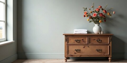 Serene Bedroom Interior with Wooden Chest of Drawers and a Vase of Flowers