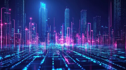 Futuristic Cityscape with Neon Lights and Digital Elements at Night