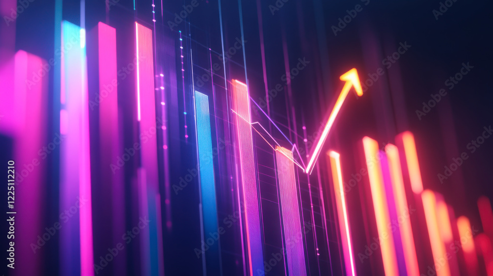 Poster colorful digital data visualization with glowing neon lines and bars in a futuristic style