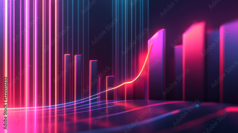 Poster colorful digital data visualization with glowing neon lines and bars in a futuristic style