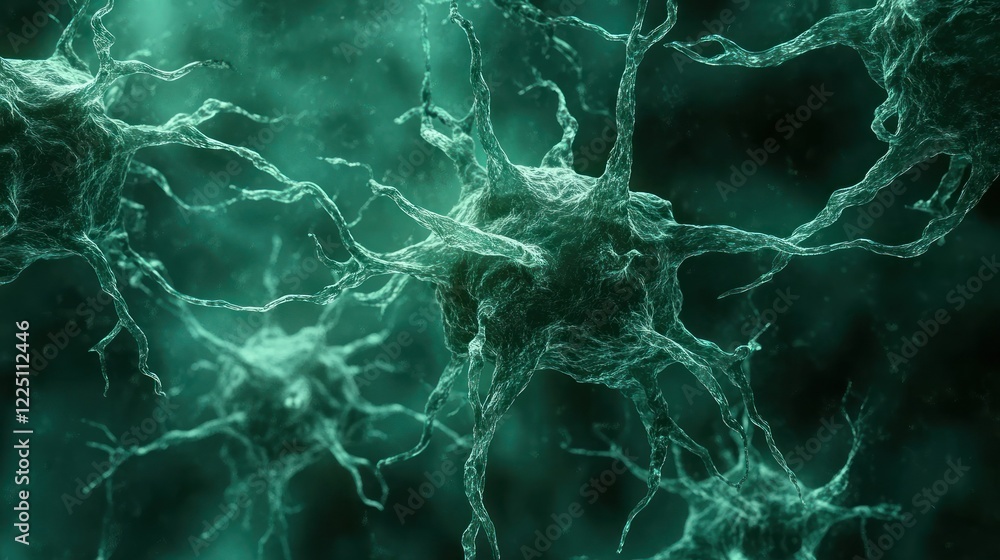 Poster microscopic view of neural network connections: a teal abstract representation of cellular structure