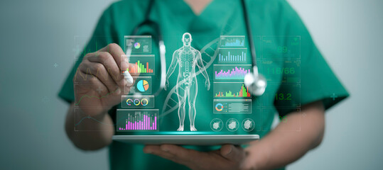 AI-powered medical analysis featuring a holographic human skeleton. A futuristic concept of...