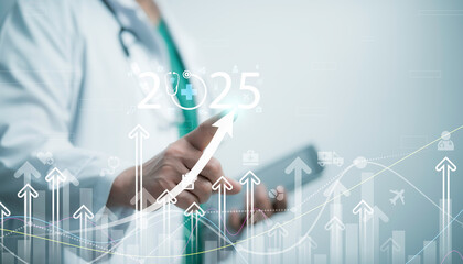 Futuristic image of a doctor using AI in the healthcare sector. The digital transformation of medicine is depicted with a modern smart healthcare concept and advanced technology integration