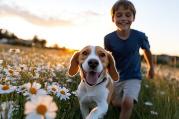A cheerful child and a smiling Beagle run together in a sunlit field filled with daisies, capturing a moment of pure joy and carefree childhood fun.