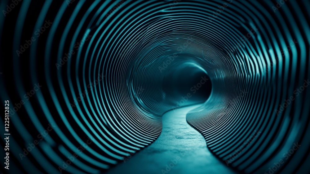 Poster abstract digital art depicting a dark tunnel with glowing teal light patterns, creating a futuristic