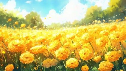A field of vibrant yellow marigolds, their petals shimmering under the sunlight