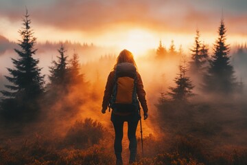 A hiker standing at the edge of a forest, looking forward into a sunlit path with a determined and hopeful expression