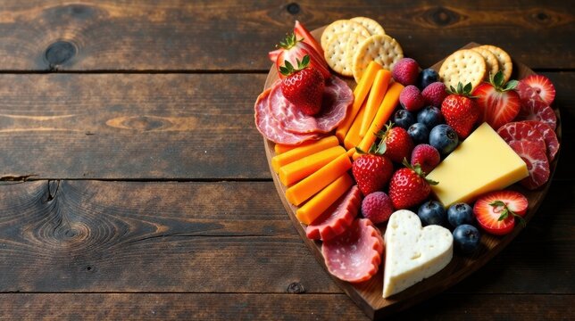 Heart-shaped arrangement of assorted cheeses, cured meats, fresh berries, and crackers on a rustic wooden board - Powered by Adobe