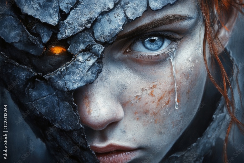 Poster a hyper-realistic close-up of a person face with their eyes narrowed, jaw clenched, and a tear rolli