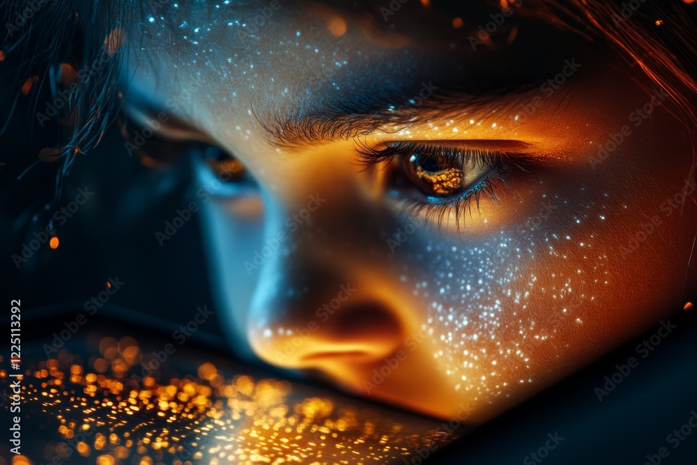 Aufkleber A hyper-realistic close-up of a person face, sweat dripping down as they look at a long list of tasks on a tablet, with every wrinkle and pore visible under the harsh glow of overhead light