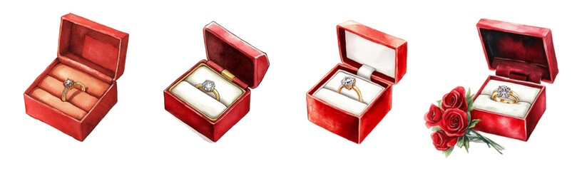Watercolor set of engagement rings. Golden rings with diamond in red satin boxes. Engagement ring. Symbol of love and wedding. Valentine's Day elements. Vector illustration.