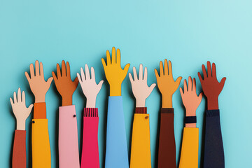 Colorful raised hands against a blue background, symbolizing unity and diversity.