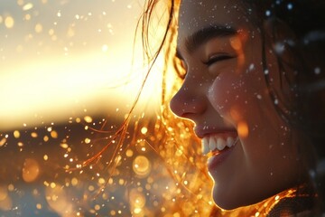 A hyper-realistic close-up of a person laughing, their eyes crinkled and their teeth showing, with every detail of their skin, hair, and expression vividly captured under warm lighting