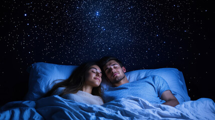Intimate couple peacefully sleeping under a starry night sky, embracing tranquility.