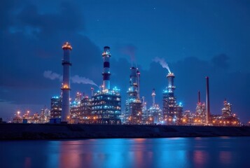 Naklejka premium Illuminated Industrial Complex at Night Reflecting on Calm Waters