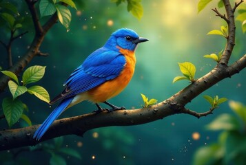 A Vivid Blue and Orange Bird Perched Gracefully on a Branch, Surrounded by Lush Greenery and Dusted with Golden Sunlight