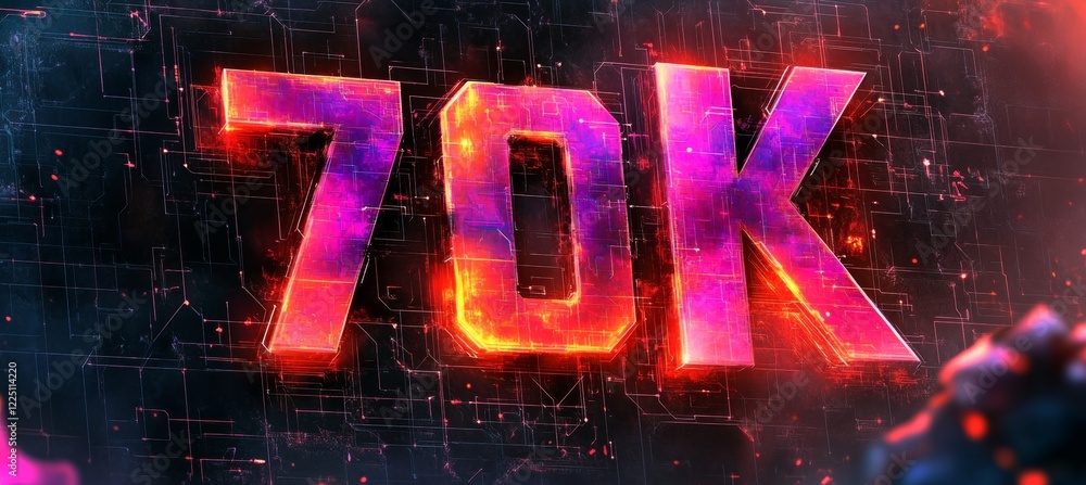 Poster digital 3d number 70k with glowing purple and orange gradient on abstract circuitry background