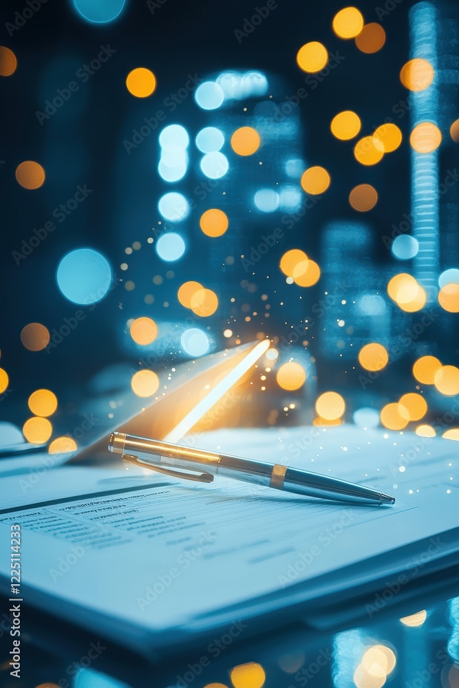 Poster document glowing with data charts and compliance checkmarks