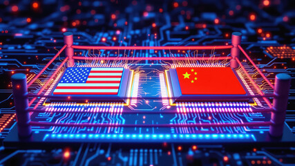 AI Revolution Represented by Computer Chips Battling in a Boxing Arena