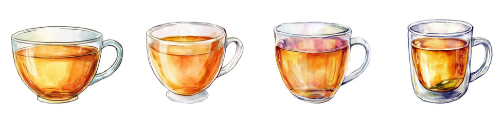 Watercolor set of tea cups png. Glass transparent cups filled with black tea. Concept of tea drinking, breakfasts, lunches, etc. Hot drinks. Vector illustration.