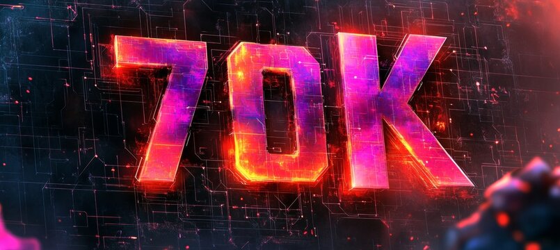 Digital 3D Number 70K with Glowing Purple and Orange Gradient on Abstract Circuitry Background