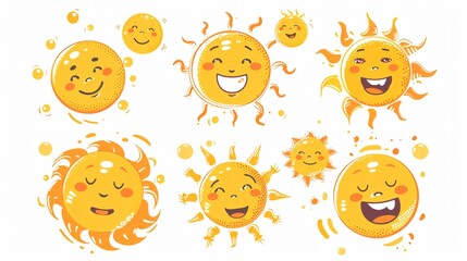 Cute Funny Cartoon Sun Emoji Faces in Summer Sunshine - Happy Sun Image for Design