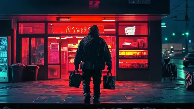 Figure wrapped in coat near illuminated store during rainy evening. Person standing on wet urban street. Illuminated storefront shines in night. Rainy atmosphere evokes solitude. Midnight shopping