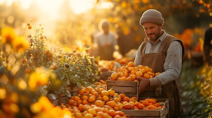 Farmer carrying crate of freshly picked yellow tomatoes at sunset in field