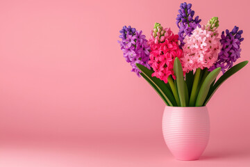 Fototapeta premium Vibrant hyacinth flowers in a pink vase against a soft pink background.
